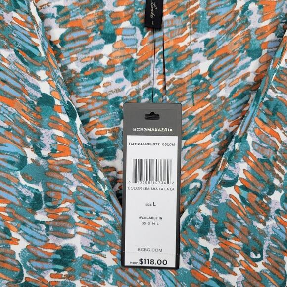 BCBGMaxAzria V-Neck A-Line Sleeveless Blouse Turquoise and Orange | Large - Picture 5 of 6